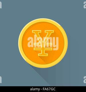 vector colored flat design Japanese currency yen yellow golden circle money coin illustration isolated dark background long shad Stock Vector