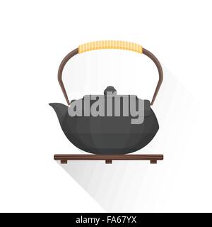 vector black color flat design asian tea cast iron kettle on wooden stand bamboo handle illustration isolated white background l Stock Vector