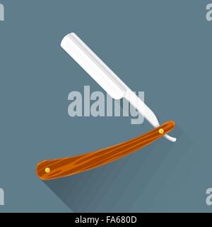 vector colored flat design hairdresser metal retro razor wooden handle illustration isolated dark background long shadow Stock Vector