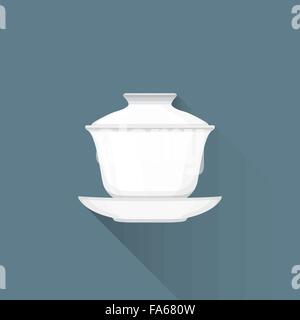 vector white color flat design asian porcelain tea gaiwan on saucer illustration isolated dark background long shadow Stock Vector