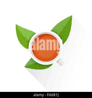 vector colored flat design white porcelain cup of black tea with green textured leafs top view illustration isolated white backg Stock Vector
