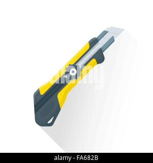 vector yellow gray color flat design stationary construction knife illustration isolated white background long shadow Stock Vector