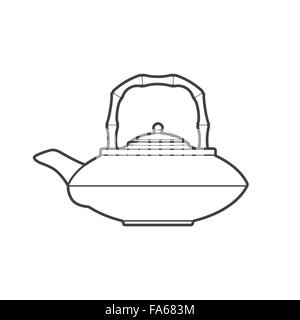 vector monochrome contour japan china teapot bamboo handle isolated black outline illustration on white background Stock Vector