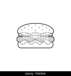 vector monochrome contour fast food hamburger with beef fresh lettuce onion tomato sesame seed cheese isolated black outline ill Stock Vector