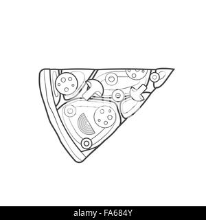 vector monochrome contour italian triangular piece of pizza tomato mushrooms pepperoni sausage olives onion cheese isolated blac Stock Vector