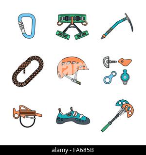 vector colored outline various climbing gear carabiner harness helmet rope shoes belay cam bolt hanger hold descender pulley ice Stock Vector