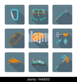 vector color flat design various climbing gear carabiner harness helmet rope shoes belay cam bolt hanger hold descender pulley i Stock Vector