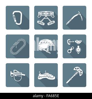 vector monochrome white color flat design various climbing gear carabiner harness helmet rope shoes belay cam bolt hanger hold d Stock Vector