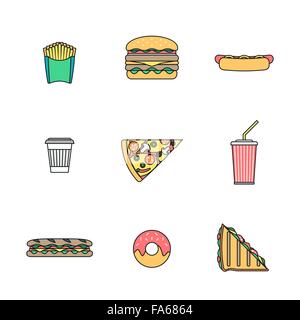 vector colored outline various fast food french fries hamburger cheeseburger hot dog coffee cup pizza cola soda club sandwich ba Stock Vector