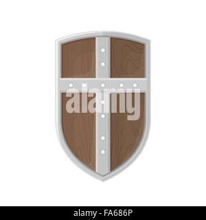 vector colorer flat design medieval wooden textured metal cross warrior Crusader shield isolated illustration on white backgroun Stock Vector