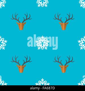 vector colored flat design new year christmas deer snowflake seamless pattern on cyan background Stock Vector