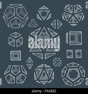 vector white outline hand drawn monochrome Platonic solids tetrahedron, cube, hexahedron, octahedron, dodecahedron, icosahedron Stock Vector