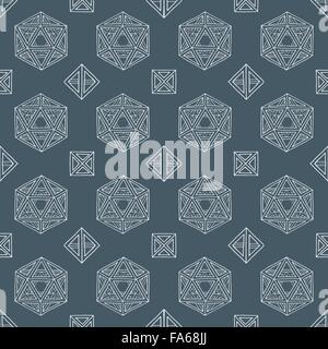 vector white outline abstract geometric hand drawn platonic solids polyhedrons seamless pattern on dark background Stock Vector