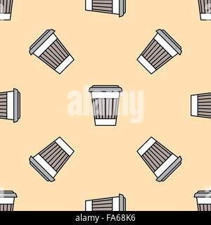 vector colored outline coffee paper takeaway cup seamless pattern on brown beige background Stock Vector