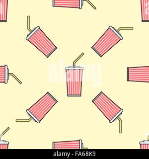 vector colored outline red cola soda sparkling sugar water takeaway cup straw seamless pattern on light yellow background Stock Vector