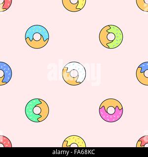 vector colored outline various red yellow green pink white blue donuts seamless pattern on light orange background Stock Vector