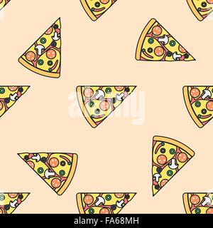 vector colored triangle pizza slice mushrooms olives pepperoni chili pepper cheese tomato seamless pattern on light orange backg Stock Vector
