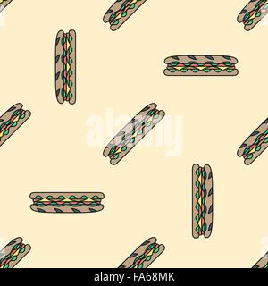vector colored submarine rye baguette sandwich salad ham cheese tomato seamless pattern on light orange background Stock Vector