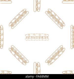 vector brown gold color outline submarine rye baguette sandwich salad ham cheese tomato seamless pattern on white background Stock Vector