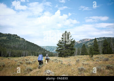 Two people hiking in mountains, wyoming, United States Stock Photo