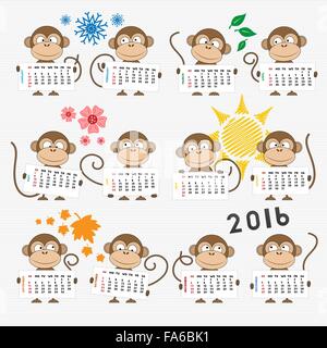 Calendar 2016 with cute monkeys for your design. Week starts on Sunday Stock Vector