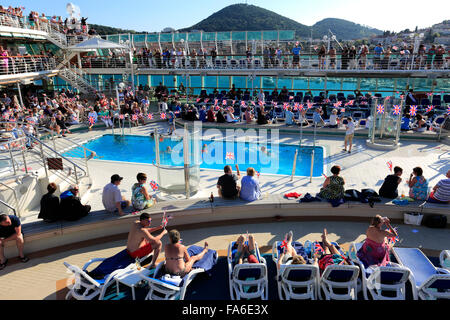 A Sailaway party on the P and O cruise ship Oceana, in the Port of Gruz, Lapad town, Dubrovnik, Dubrovnik-Neretva County, Stock Photo