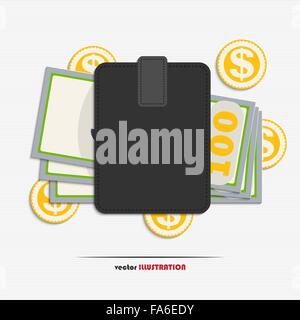 Vector illustration of wallet with dollars and gold coins for your design Stock Vector