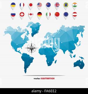 Vector illustration of world map with markers and circle national flags for your design Stock Vector