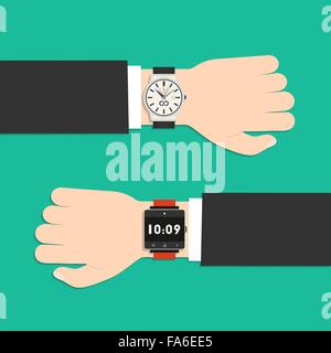 Analog watch and smart watch on businessman's hand. Flat style business background with icons for your design Stock Vector