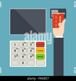 Vector illustration of ATM terminal and hand with credit card for your design Stock Vector