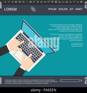 Vector illustration of flat style web design template with website elements and a businessman working on his laptop Stock Vector
