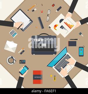 Flat style modern design concept of teamwork. Icon set of business work flow items and elements, office things and other objects Stock Vector