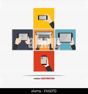 Hands using various modern technology devices. Laptop, digital tablet and smartphone Stock Vector
