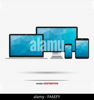 Set of modern laptop, computer monitor, digital tablet and smartphone with abstract polygonal blue background for your design Stock Vector