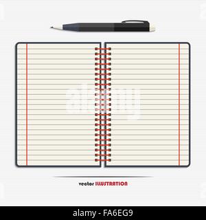 Open notebook with blank lined pages and pen for your design Stock Vector