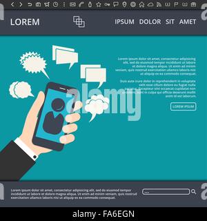 Vector illustration of flat style web design template with website elements, buttons, different line icons and smartphone Stock Vector