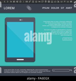 Vector illustration of flat style web design template with website elements, buttons, different line icons and tablet pc Stock Vector