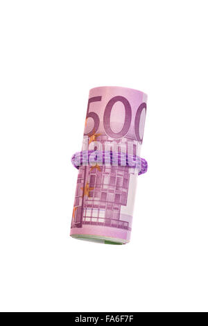Roll of five hundred euro banknotes with a rubber band, isolated on white background Stock Photo
