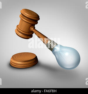 Law ideas concept and judgement symbol as a judge mallet or gavel made with a lightbulb  as a metaphor for new legislation or legal opinions and lawyer ideas. Stock Photo