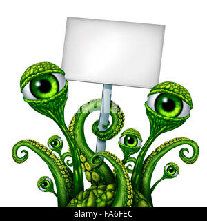 Space Alien Creature from outer space or a mutant holding a blank sign as a green creepy UFO icon presenting a message as a fantasy science fiction symbol. Stock Photo