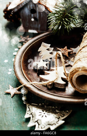 Christmas decorations on wooden background Stock Photo