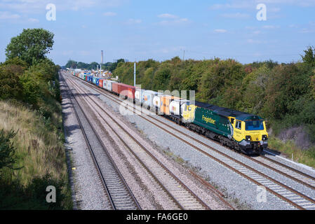 Freightliners 70018 heads through Moreton Cutting Nr Didcot with 4O70 Wentloog - Southampton liner on 10th Sept 2015. Stock Photo