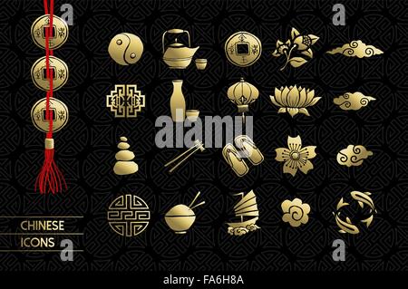 Gold chinese icons set. Includes lotus flower, traditional culture elements and decoration. EPS10 vector. Stock Vector