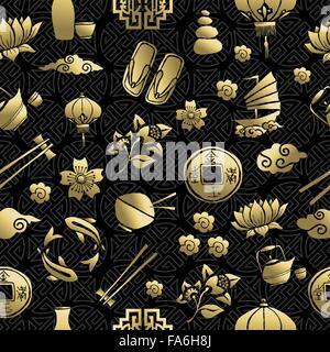 Gold chinese cultural icons seamless pattern, traditional asian elements on black background. EPS10 vector. Stock Vector