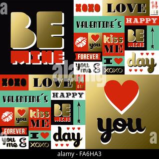 Valentines day retro pattern with label elements in gold color. Includes quotes, lipstick and heart shape decoration. EPS10 vect Stock Vector