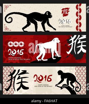 2016 Happy Chinese New Year of the Monkey, traditional banner set with ape silhouettes, vintage decoration elements. EPS10 Stock Vector