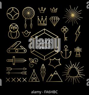 Creative design element collection in gold outline line art style. Includes boho, nature, and geometry shapes. EPS10 vector. Stock Vector