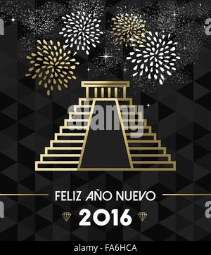 Happy New Year 2016 Mexico greeting card with historic landmark Chichen Itza pyramid in gold outline style. EPS10 vector. Stock Vector