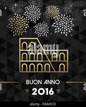 Happy New Year 2016 Rome greeting card with Italy historic landmark Colosseum in gold outline style. EPS10 vector. Stock Vector