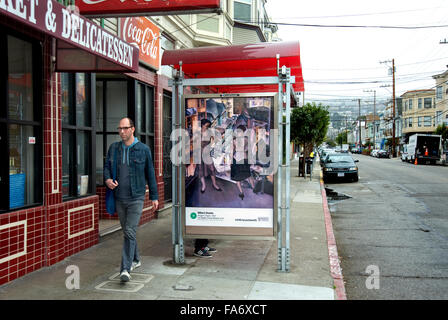 A Millard Sheets painting appears on a bus shelter kiosk in San Francisco during the Art Everywhere event. Stock Photo